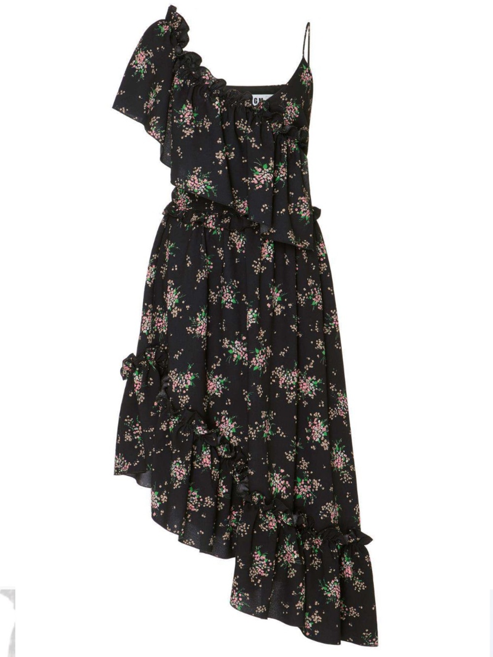MSGM Milano Crepe Hi Lo Dress, IT 40 or US 4, black floral, ruffle shoulder